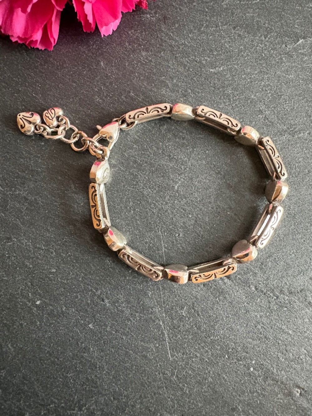 Vintage Brighton Signed Silver Plated Scrollwork Bar & Puffy Heart Link Bracelet